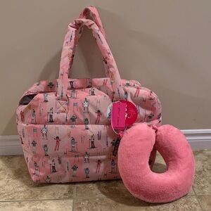 Betsey Johnson Pink Travel Duffel Bag and Pillow Set ski pattern faux fur NEW